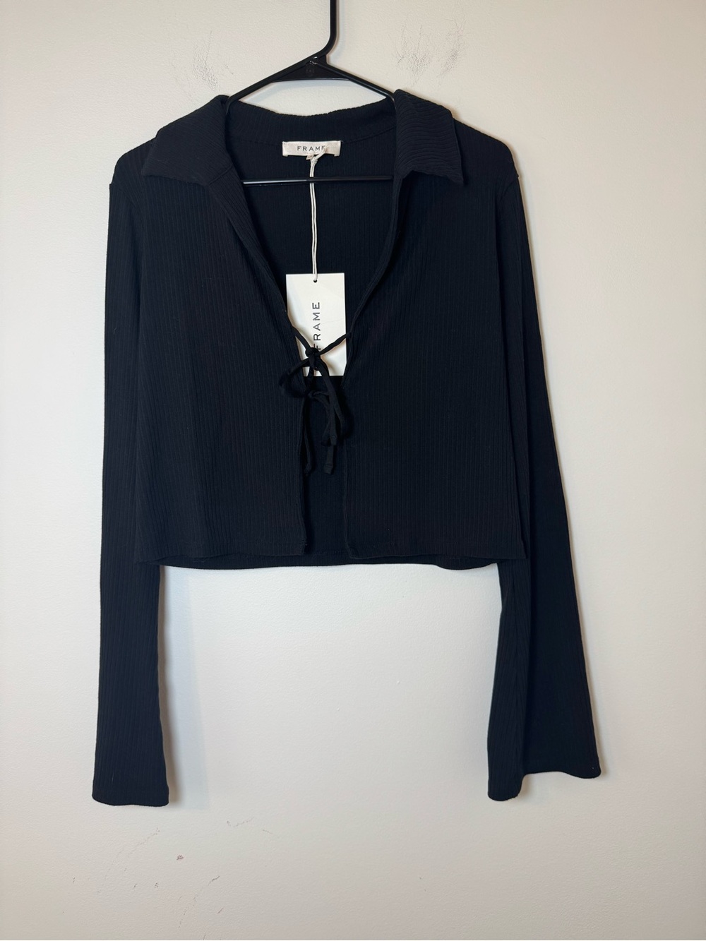 NWT FRAME Bell Sleeve Rib Polo Tie Front Crop Top Black Size L